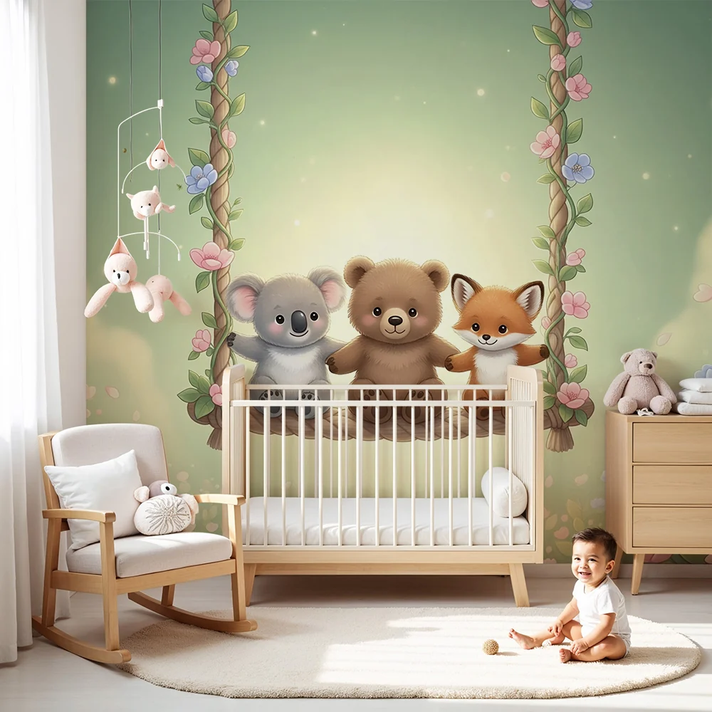 Nursery room wallpaper | Cute animals on swing and field flowers