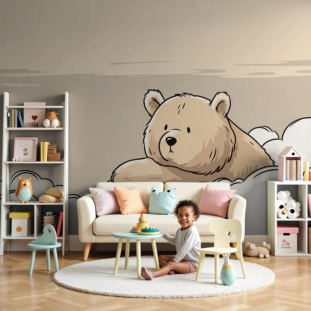 Nursery room wallpaper | Cute bear among soft clouds