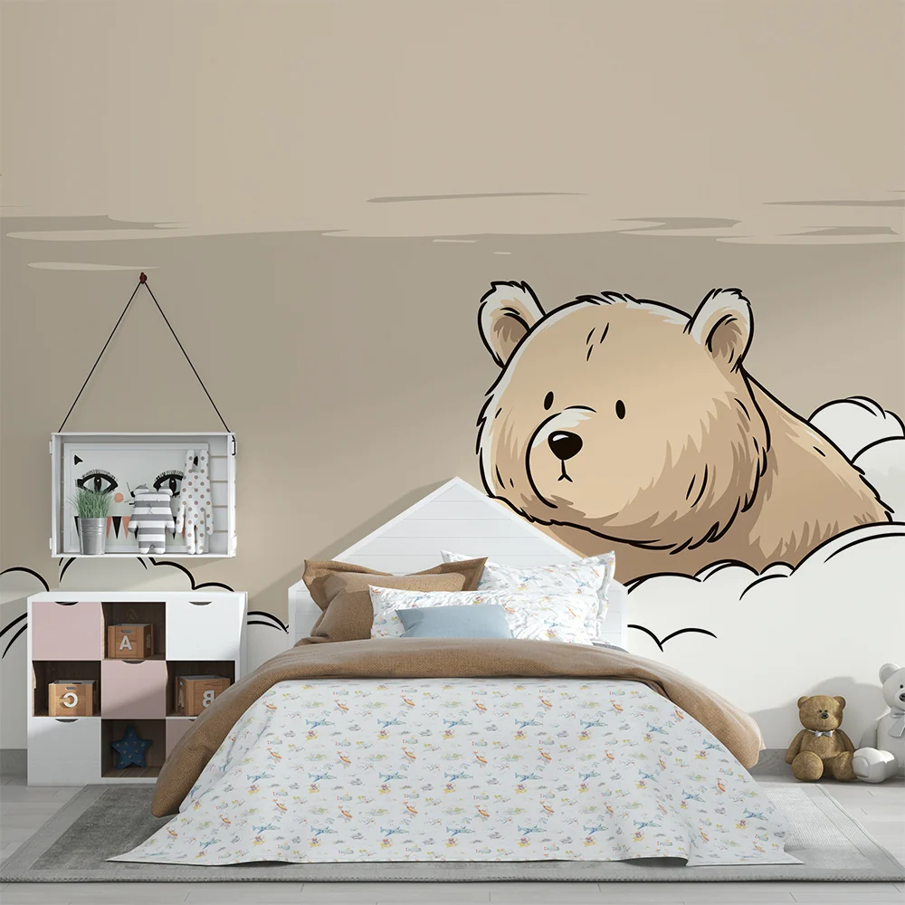 Nursery room wallpaper | Cute bear among soft clouds