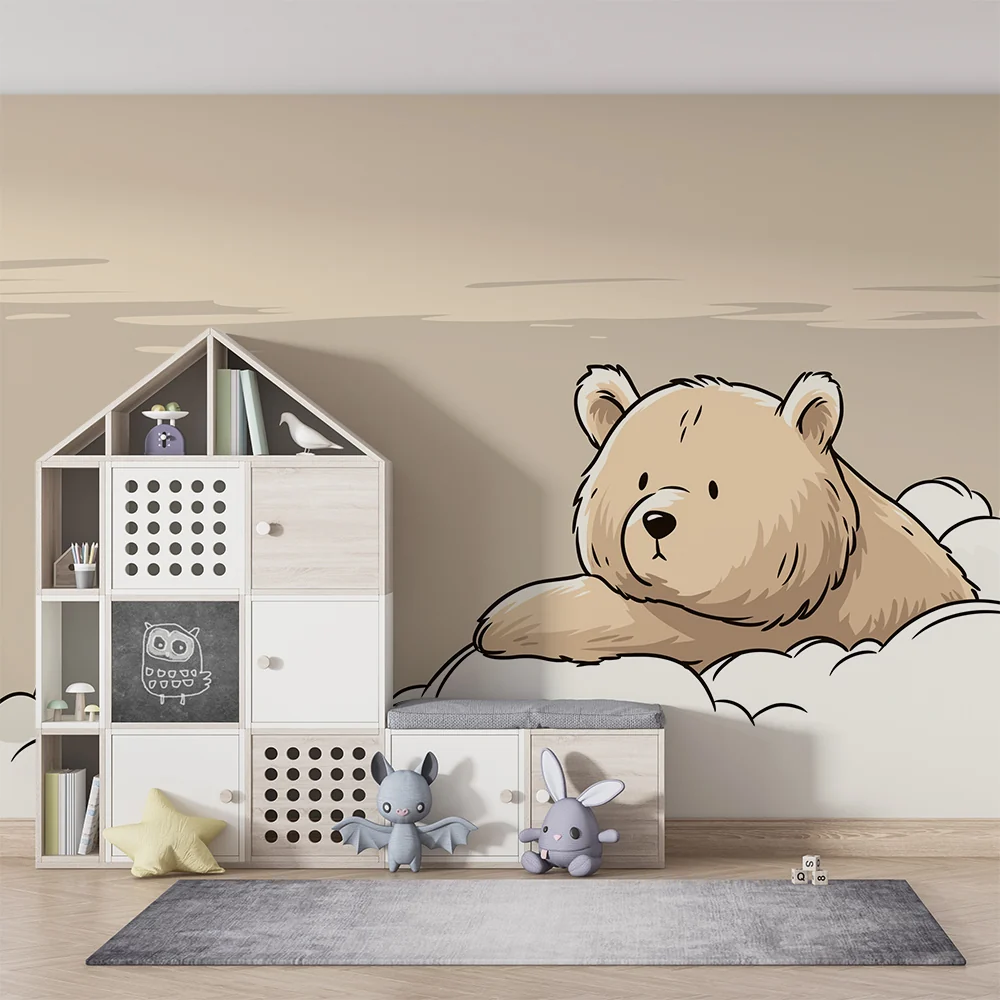 Nursery room wallpaper | Cute bear among soft clouds
