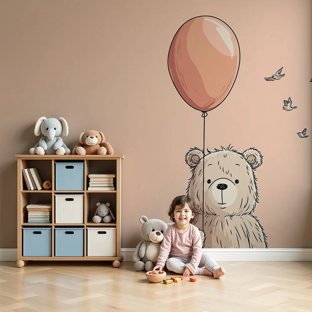 Nursery room wallpaper | Cute bear balloon and flying birds