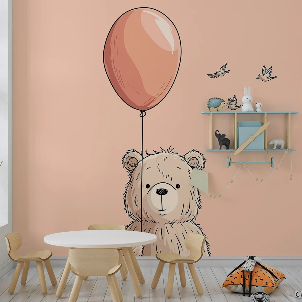 Nursery room wallpaper | Cute bear balloon and flying birds