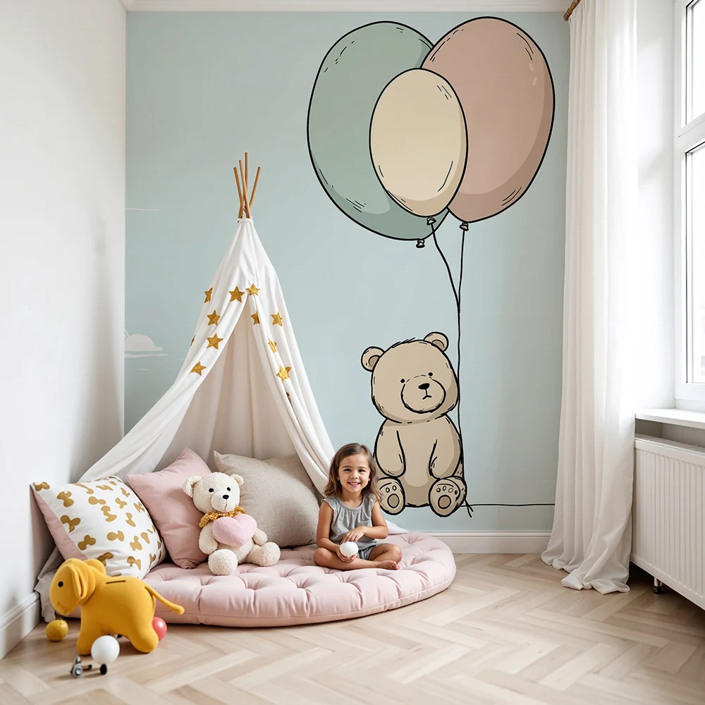 Nursery room wallpaper | Cute bear pastel balloons blue sky
