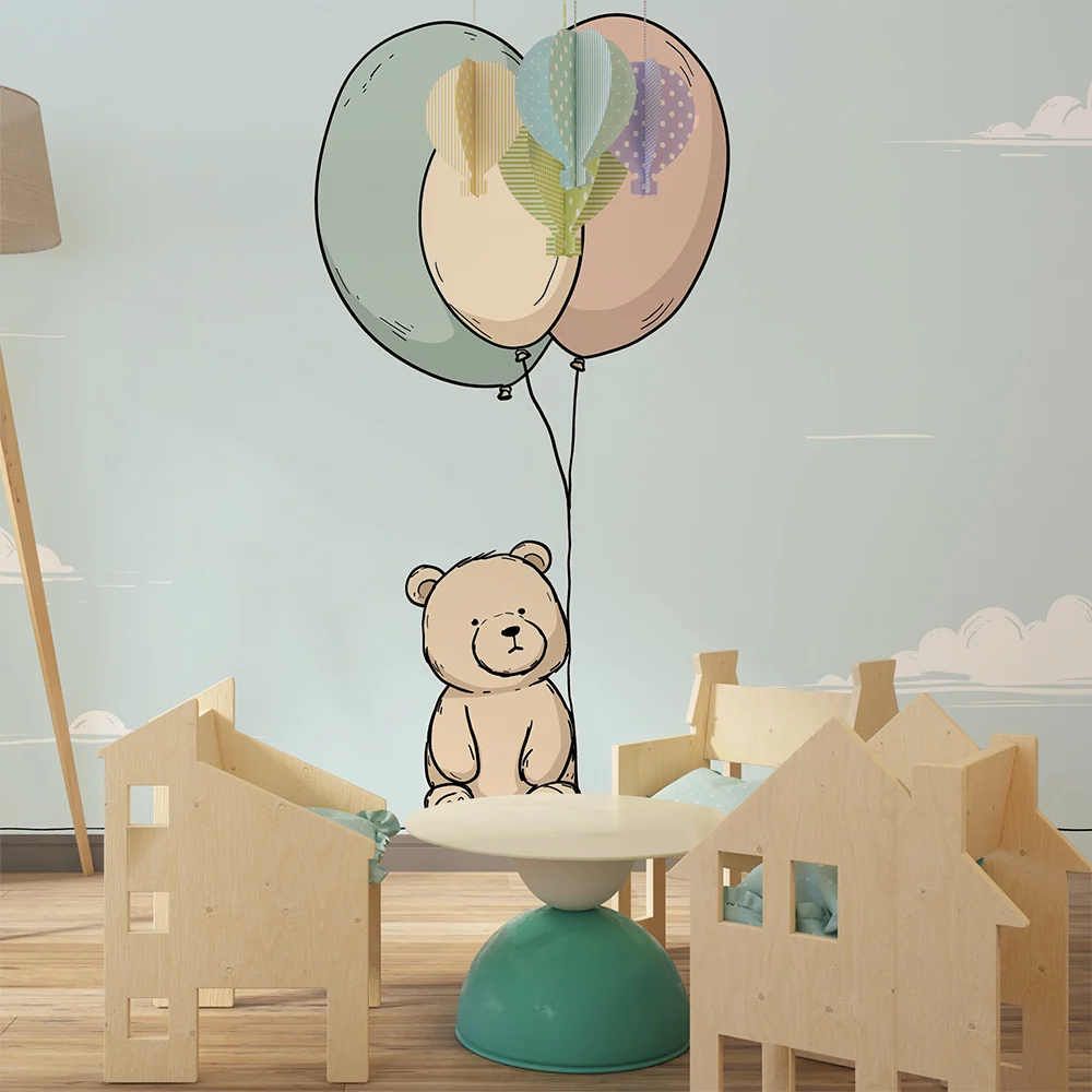 Nursery room wallpaper | Cute bear pastel balloons blue sky