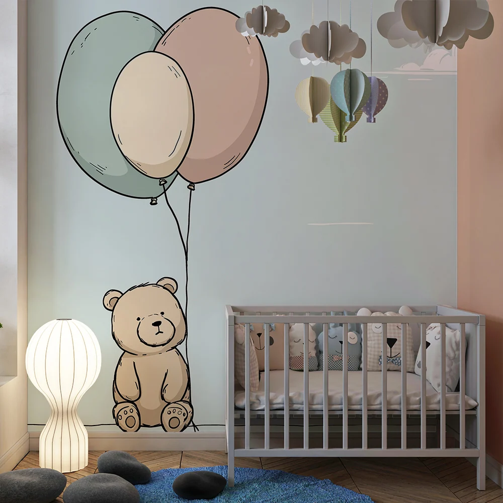 Nursery room wallpaper | Cute bear pastel balloons blue sky