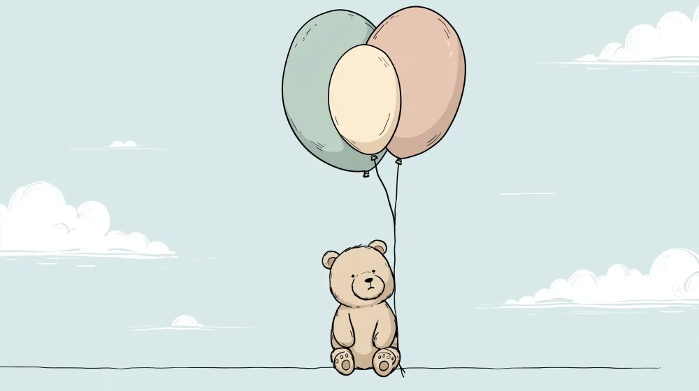 Nursery room wallpaper | Cute bear pastel balloons blue sky
