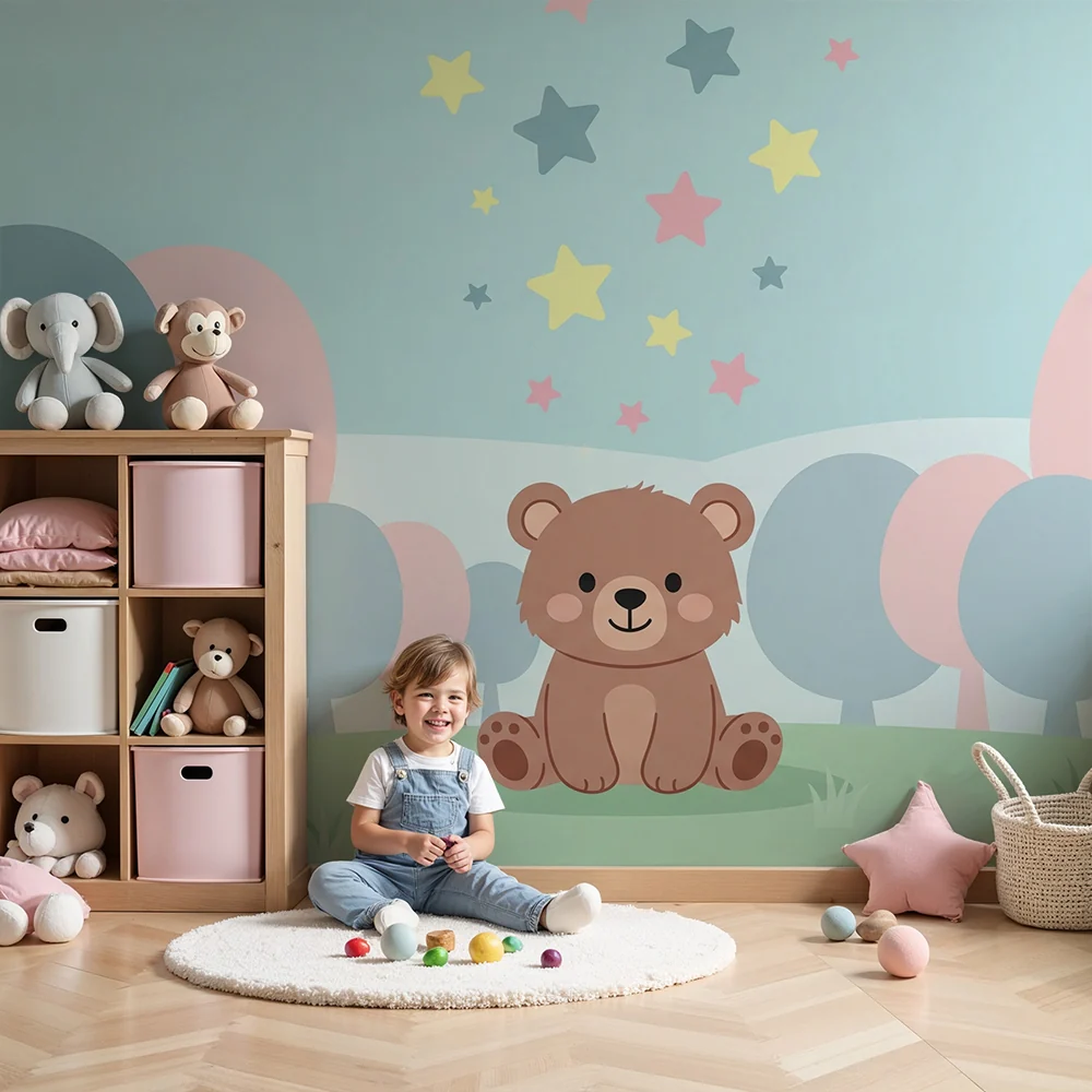 Nursery room wallpaper | Cute bear under starry sky