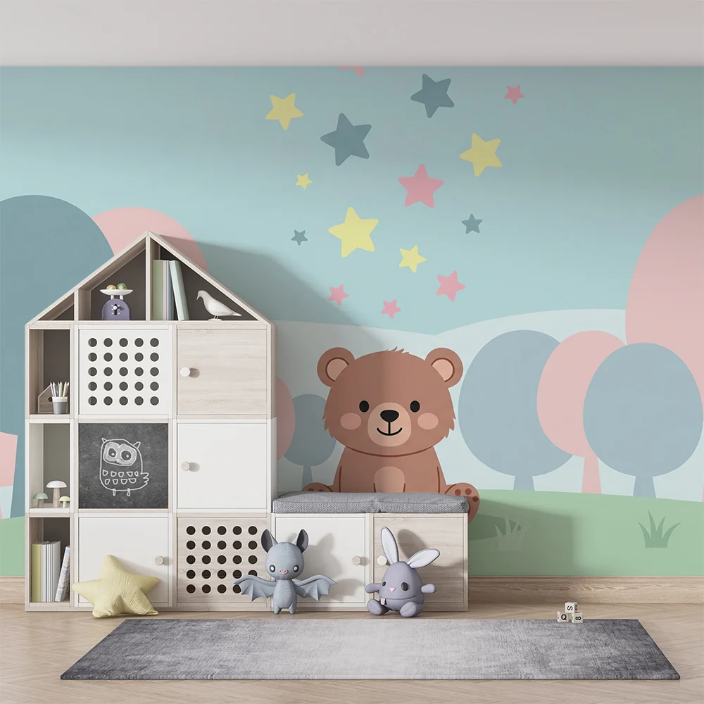 Nursery room wallpaper | Cute bear under starry sky