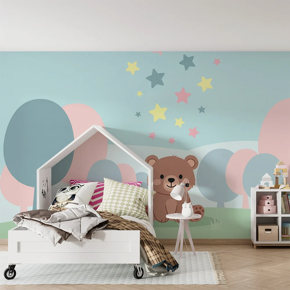 Nursery room wallpaper | Cute bear under starry sky
