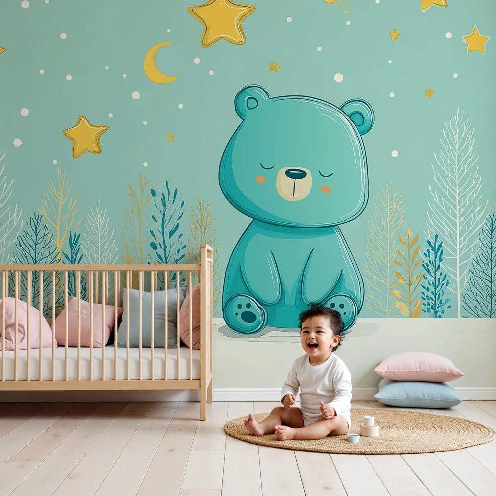 Nursery room wallpaper | Cute bear under starry sky