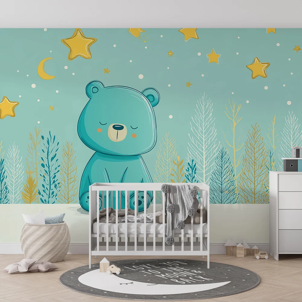 Nursery room wallpaper | Cute bear under starry sky