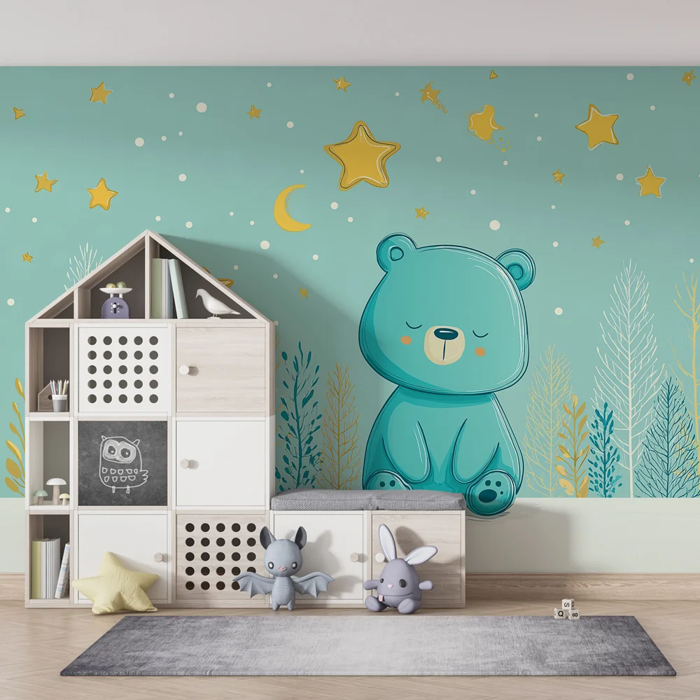 Nursery room wallpaper | Cute bear under starry sky