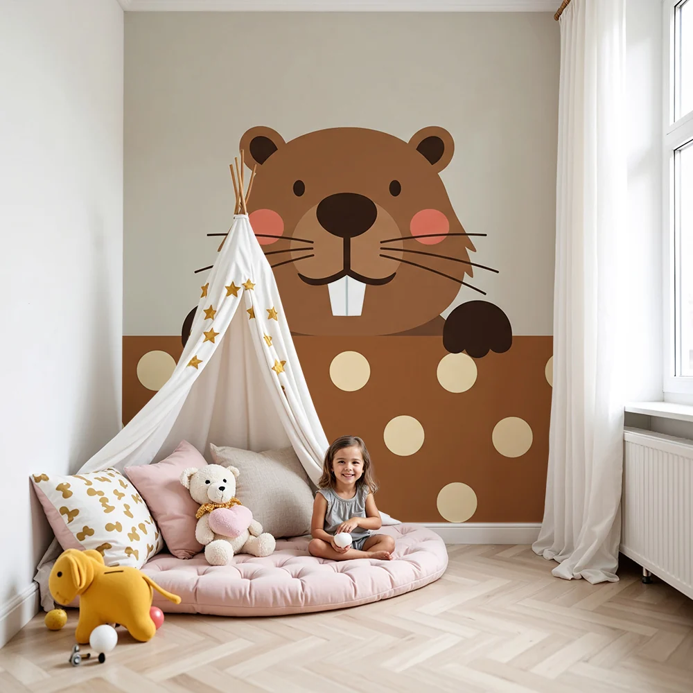 Nursery room wallpaper | Cute beaver polka dot patterns