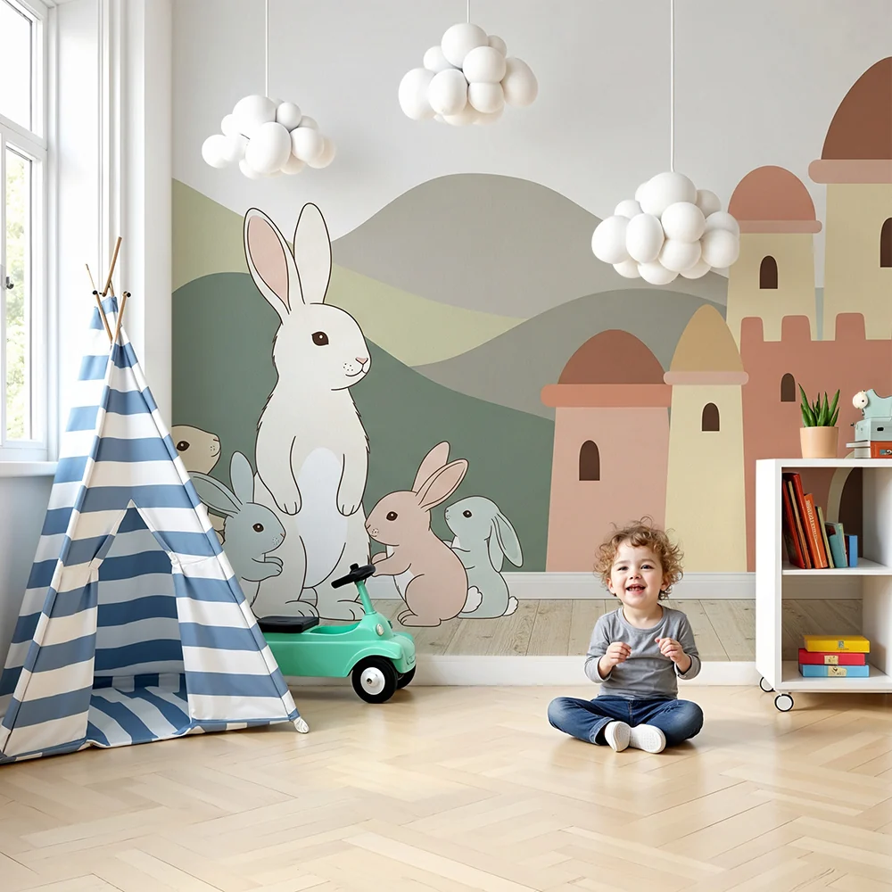 Nursery room wallpaper | Cute bunnies and fairy castle