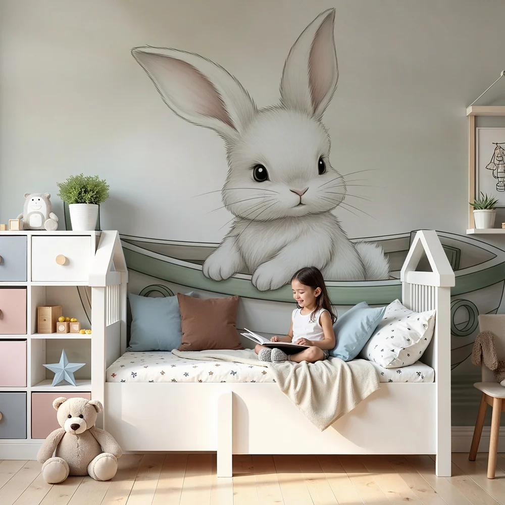 Nursery room wallpaper | Cute bunny boat