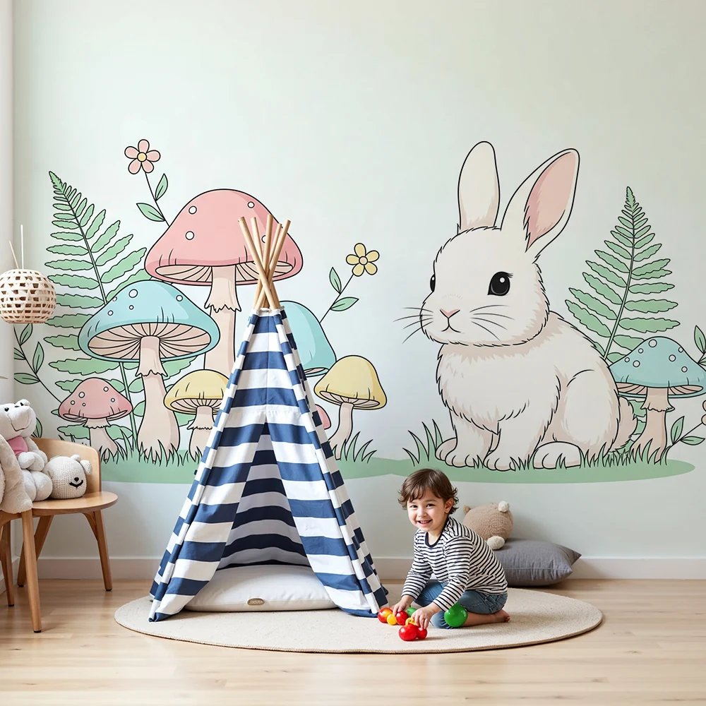 Nursery room wallpaper | Cute bunny and colorful mushrooms enchanted garden