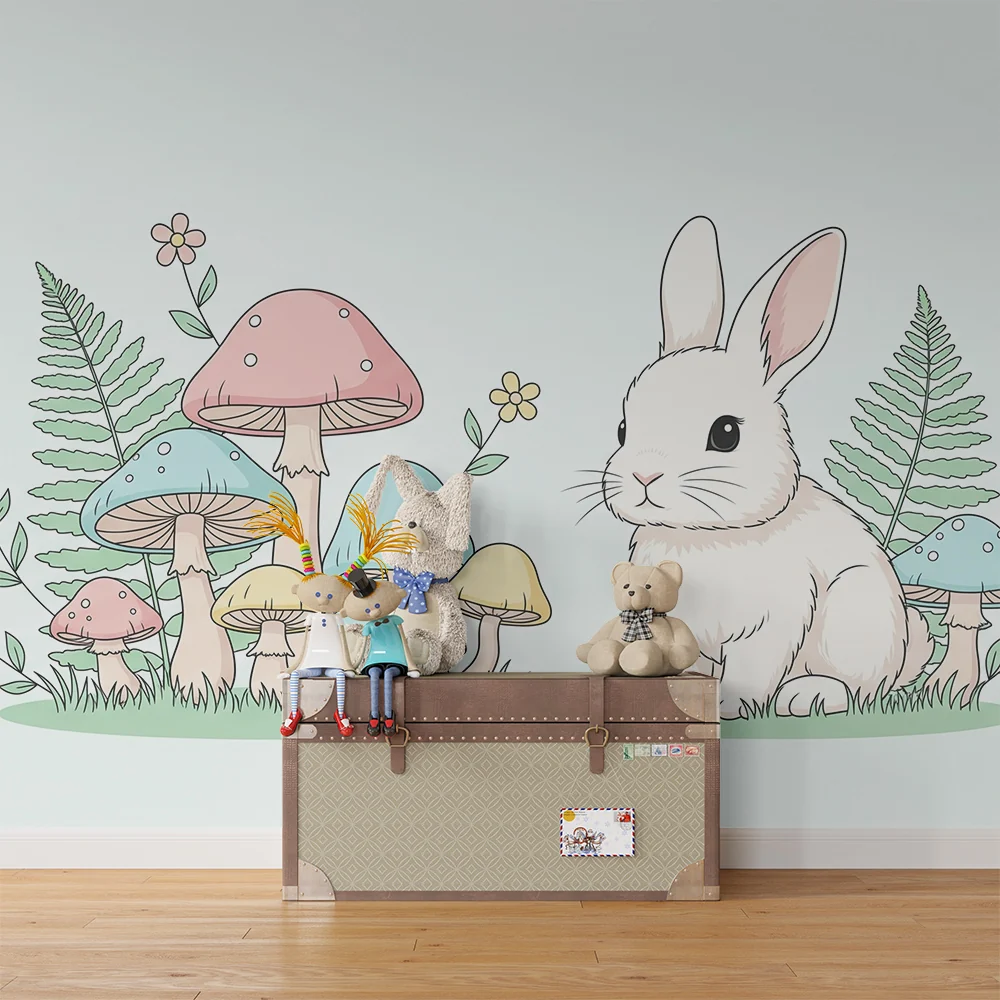 Nursery room wallpaper | Cute bunny and colorful mushrooms enchanted garden