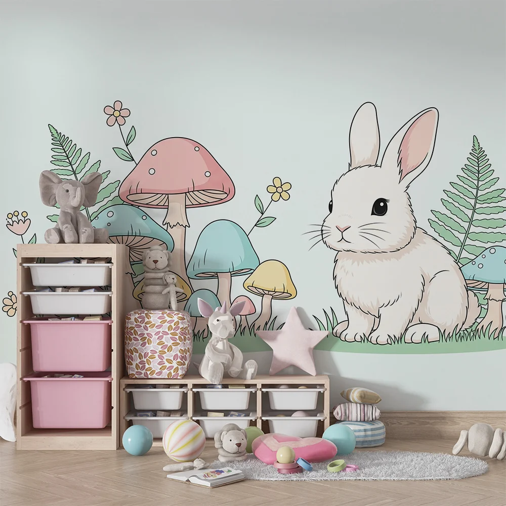 Nursery room wallpaper | Cute bunny and colorful mushrooms enchanted garden
