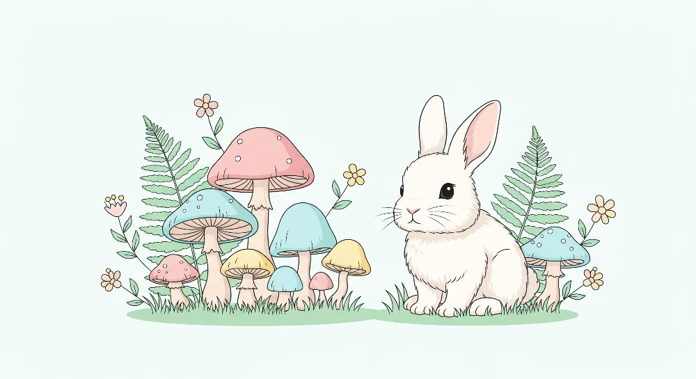 Nursery room wallpaper | Cute bunny and colorful mushrooms enchanted garden