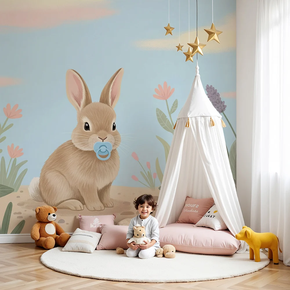 Nursery room wallpaper | Cute bunny and colorful flowers