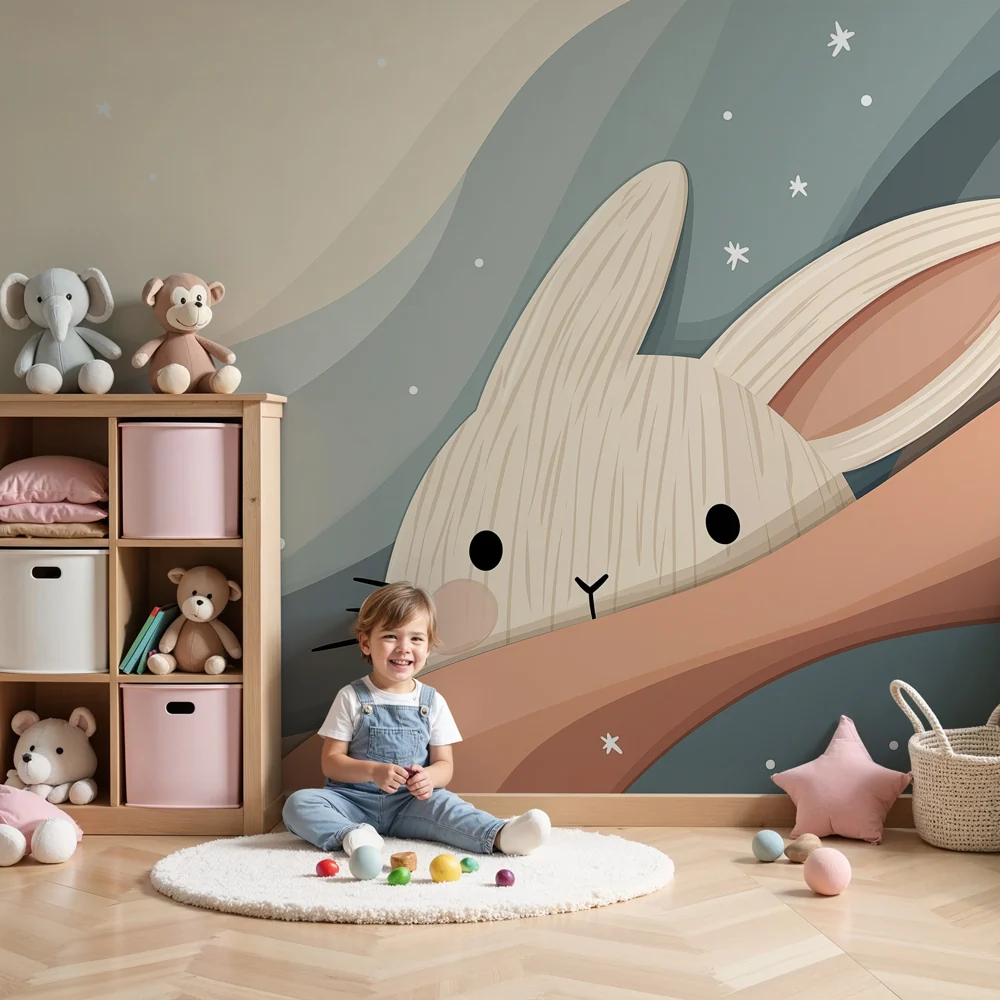 Nursery room wallpaper | Cute bunny and soft waves