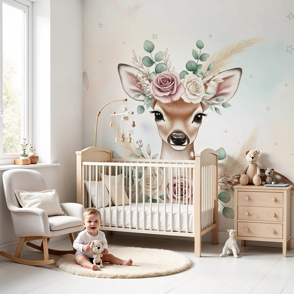 Nursery room wallpaper | Cute deer adorned pastel flowers and stars