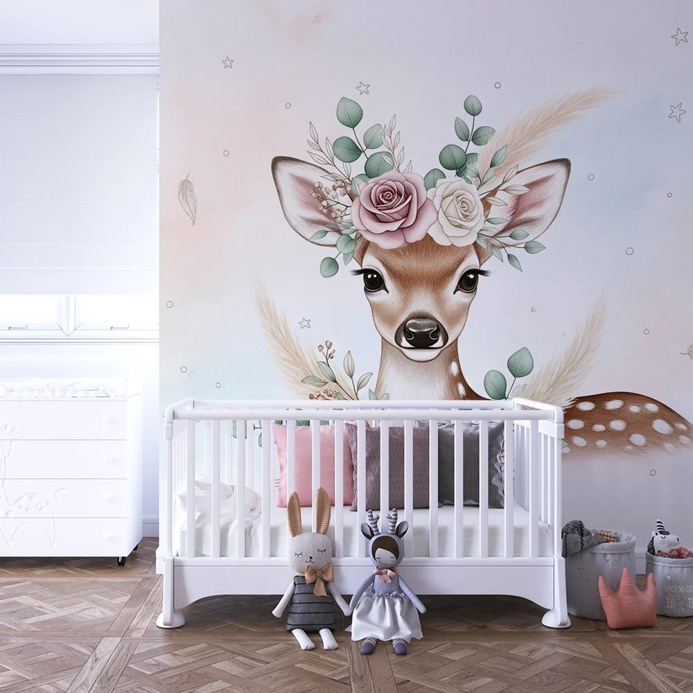Nursery room wallpaper | Cute deer adorned pastel flowers and stars