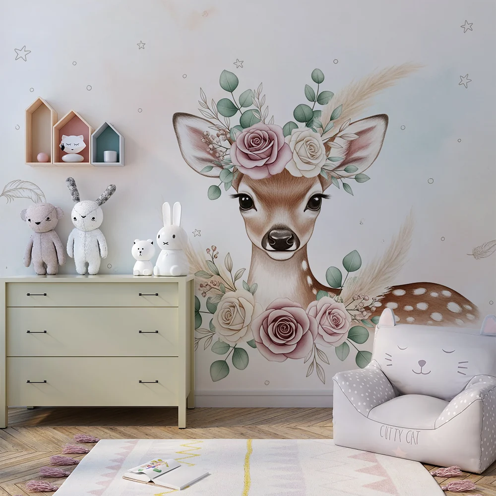 Nursery room wallpaper | Cute deer adorned pastel flowers and stars