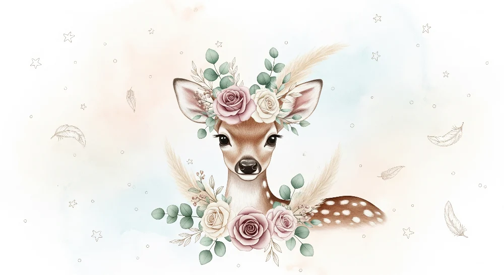 Nursery room wallpaper | Cute deer adorned pastel flowers and stars