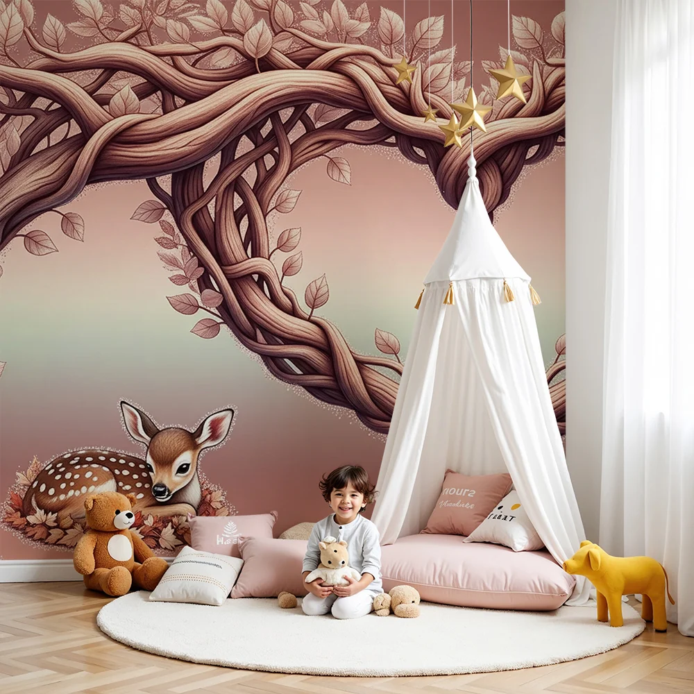 Nursery room wallpaper | Cute deer and intertwined heart-shaped branches