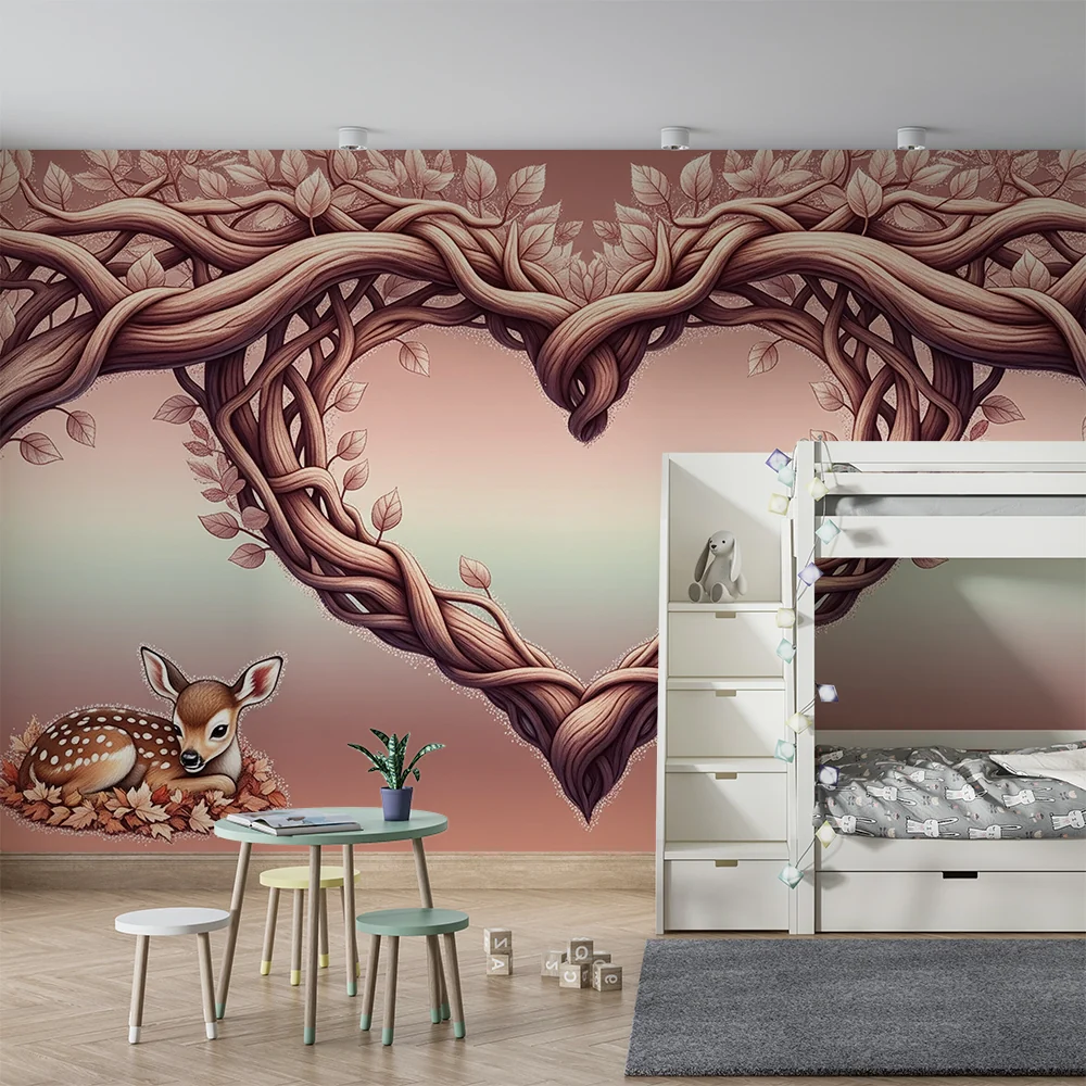 Nursery room wallpaper | Cute deer and intertwined heart-shaped branches