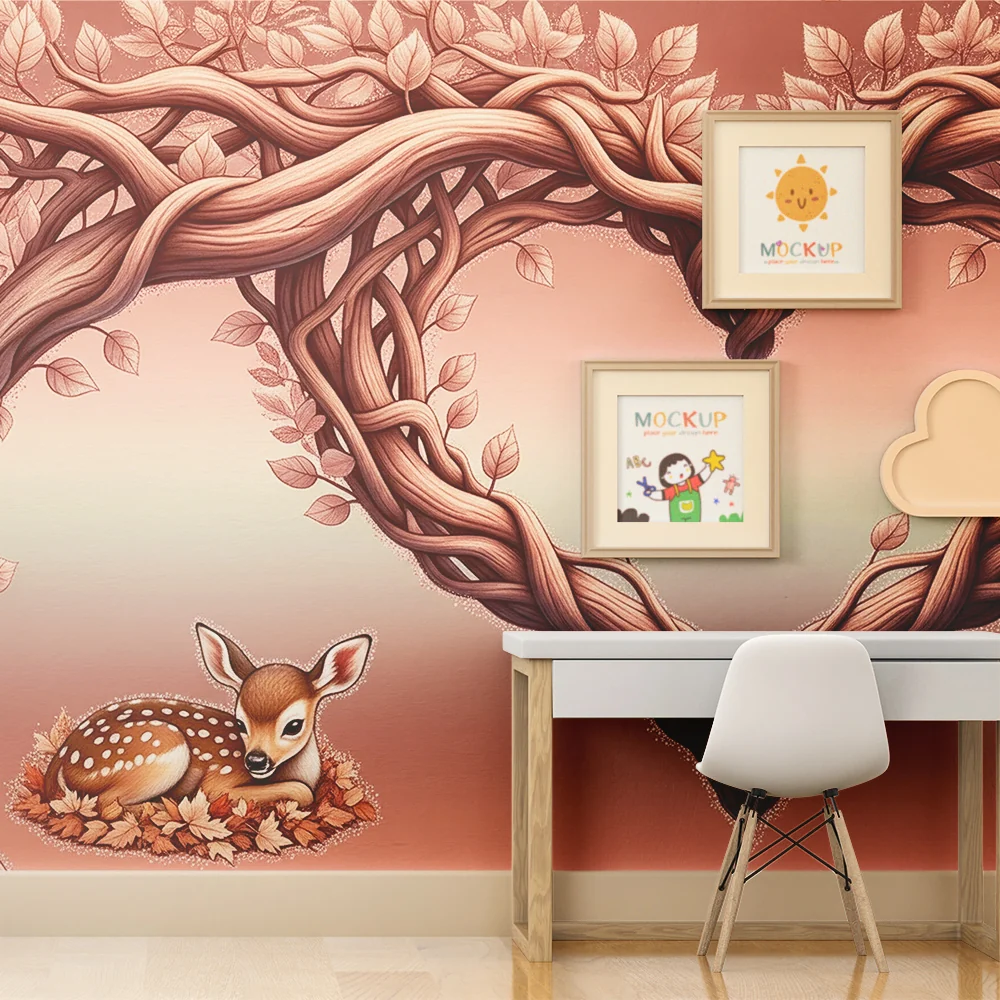 Nursery room wallpaper | Cute deer and intertwined heart-shaped branches