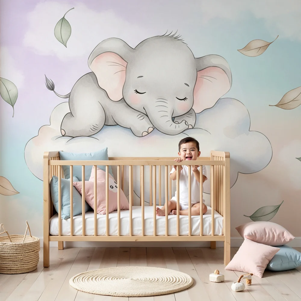 Nursery room wallpaper | Cute elephant on cloud
