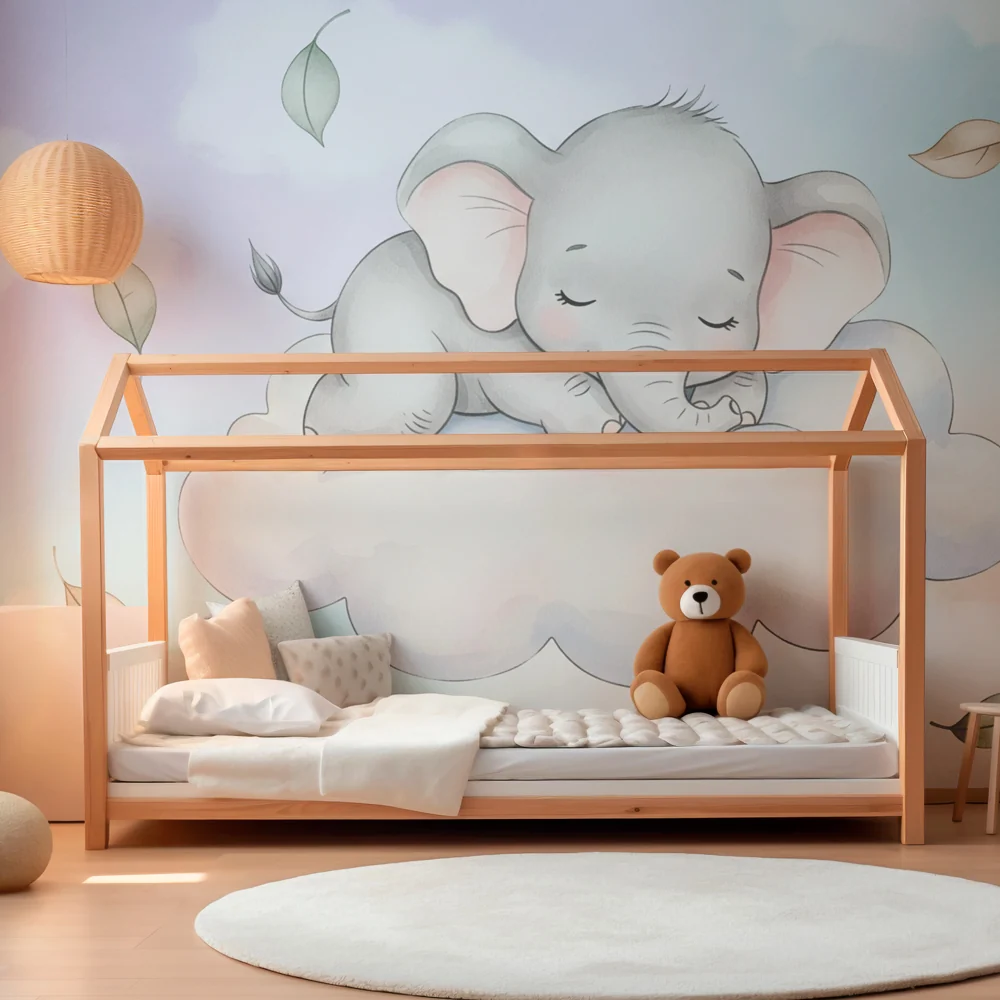 Nursery room wallpaper | Cute elephant on cloud