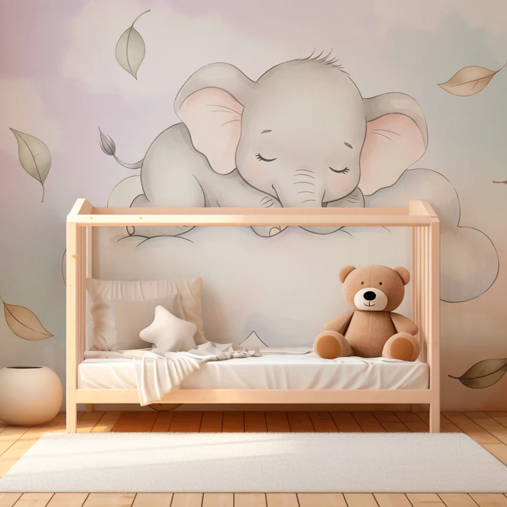 Nursery room wallpaper | Cute elephant on cloud