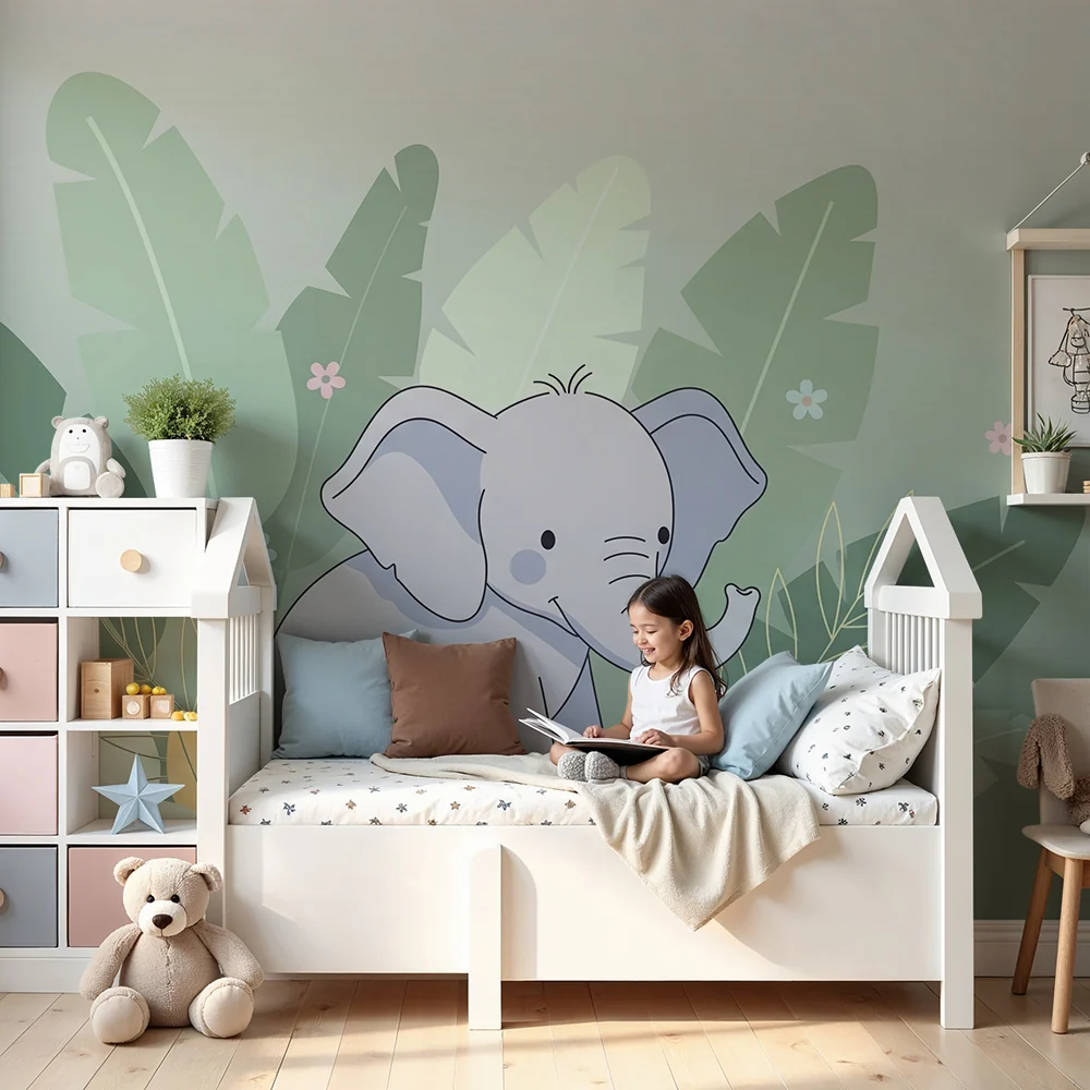 Nursery room wallpaper | Cute elephant middle tropical foliage