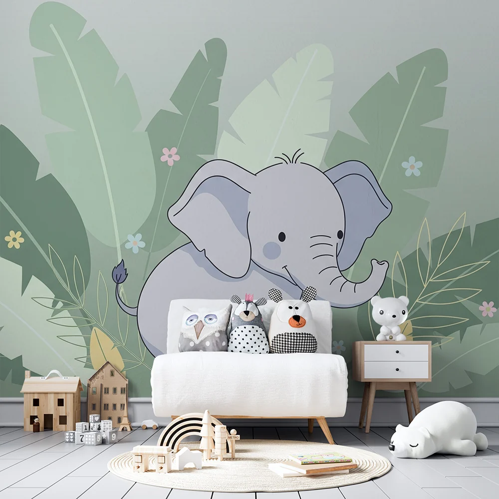 Nursery room wallpaper | Cute elephant middle tropical foliage