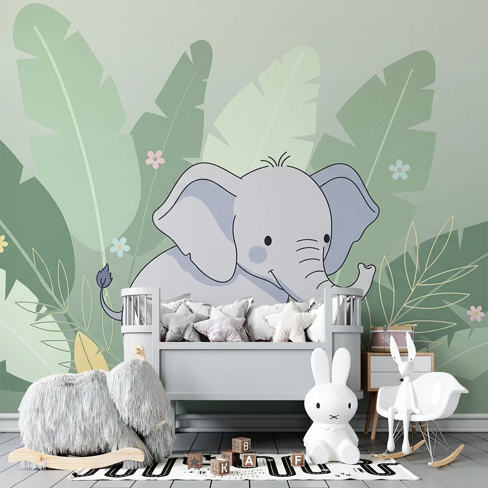 Nursery room wallpaper | Cute elephant middle tropical foliage