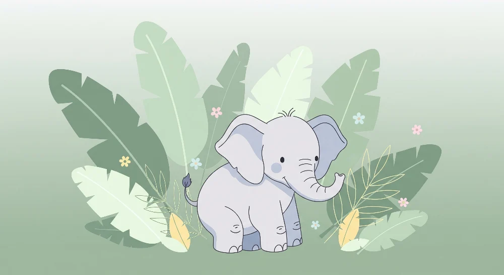 Nursery room wallpaper | Cute elephant middle tropical foliage