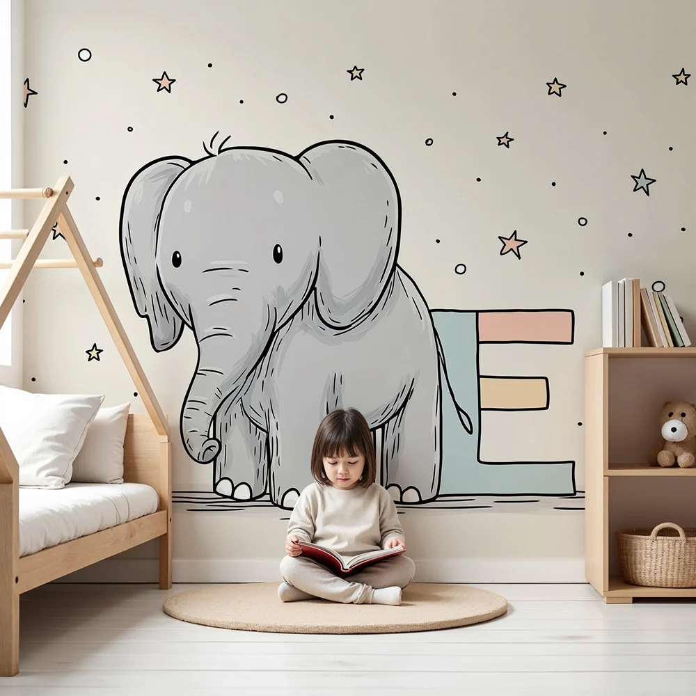 Nursery room wallpaper | Cute elephant stars and colorful letter E