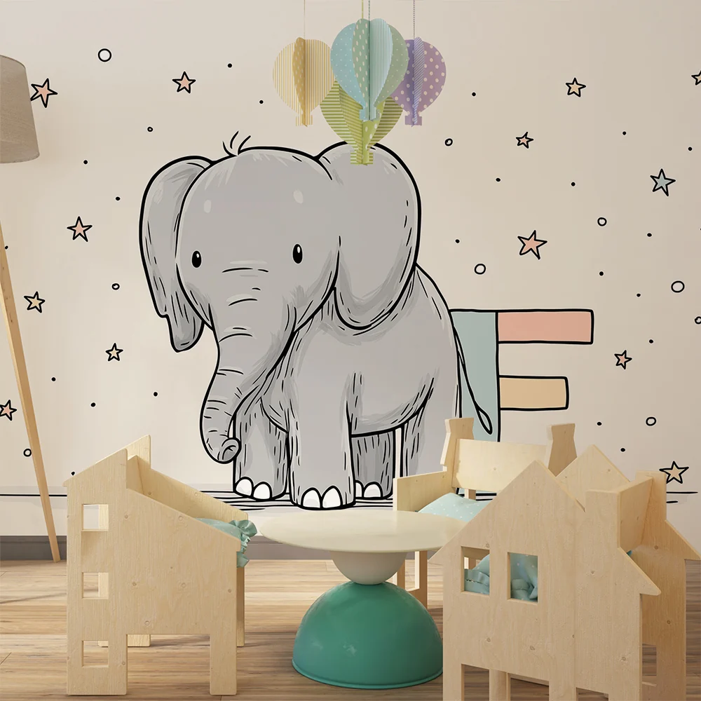Nursery room wallpaper | Cute elephant stars and colorful letter E
