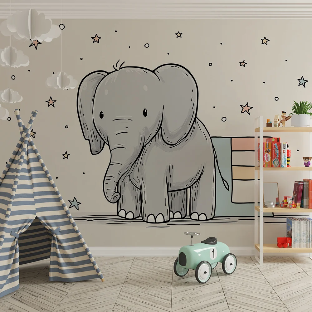 Nursery room wallpaper | Cute elephant stars and colorful letter E