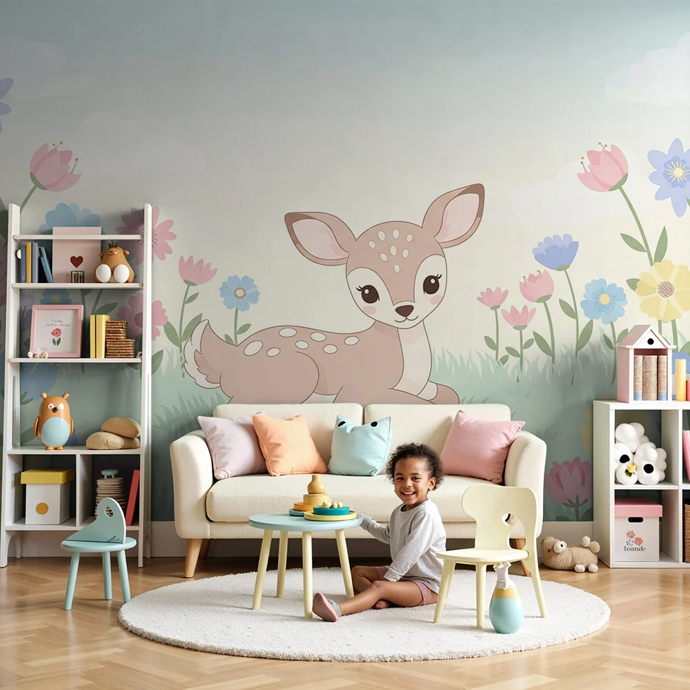 Nursery room wallpaper | Cute fawn among colorful flowers