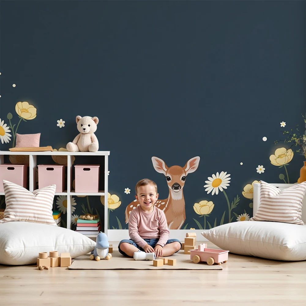 Nursery room wallpaper | Cute fawn middle yellow and white flowers