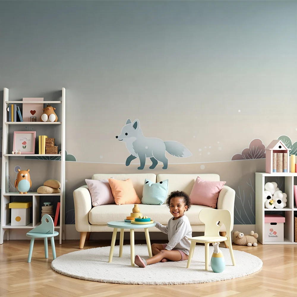 Nursery room wallpaper | Cute fox soothing pastel landscape