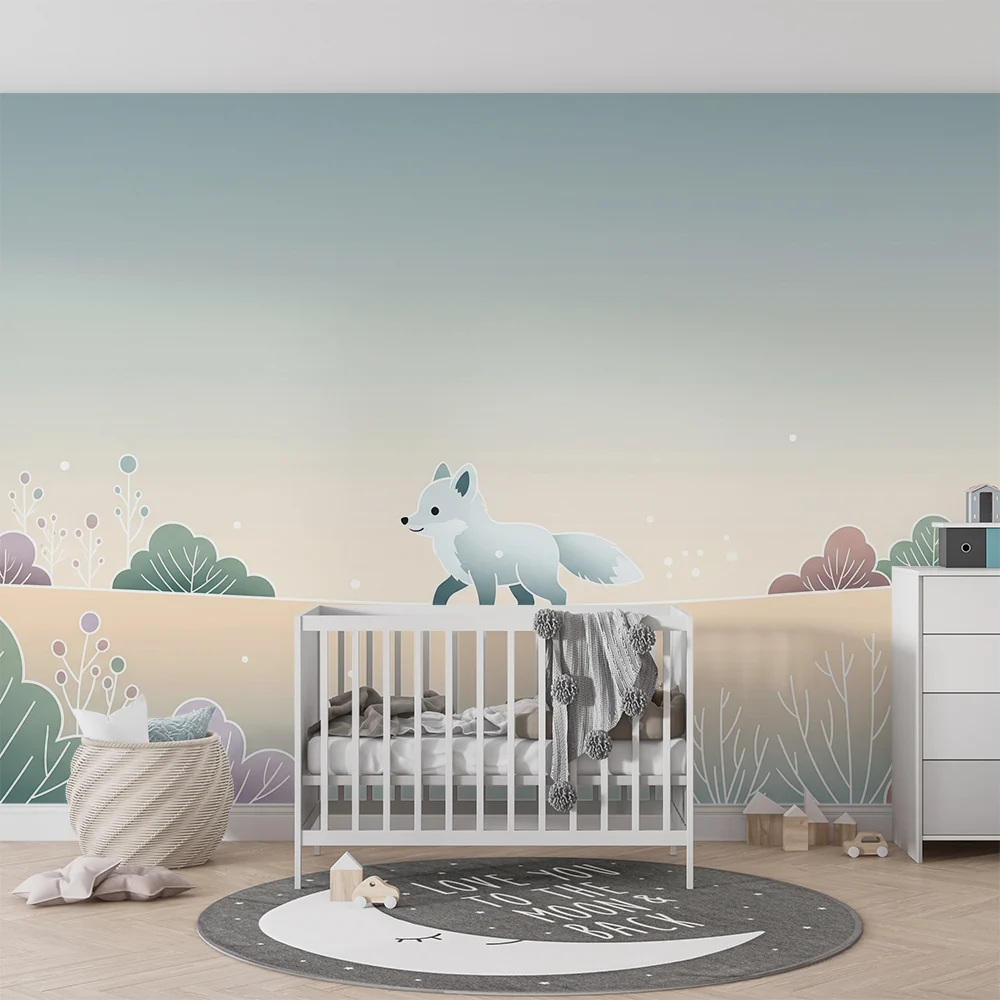 Nursery room wallpaper | Cute fox soothing pastel landscape