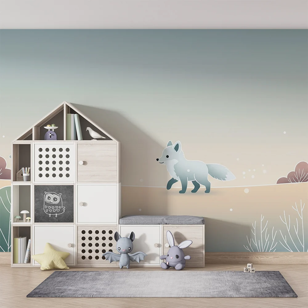 Nursery room wallpaper | Cute fox soothing pastel landscape