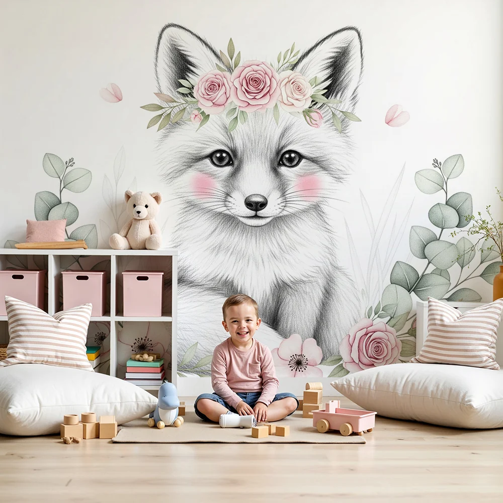 Nursery room wallpaper | Cute fox surrounded flowers
