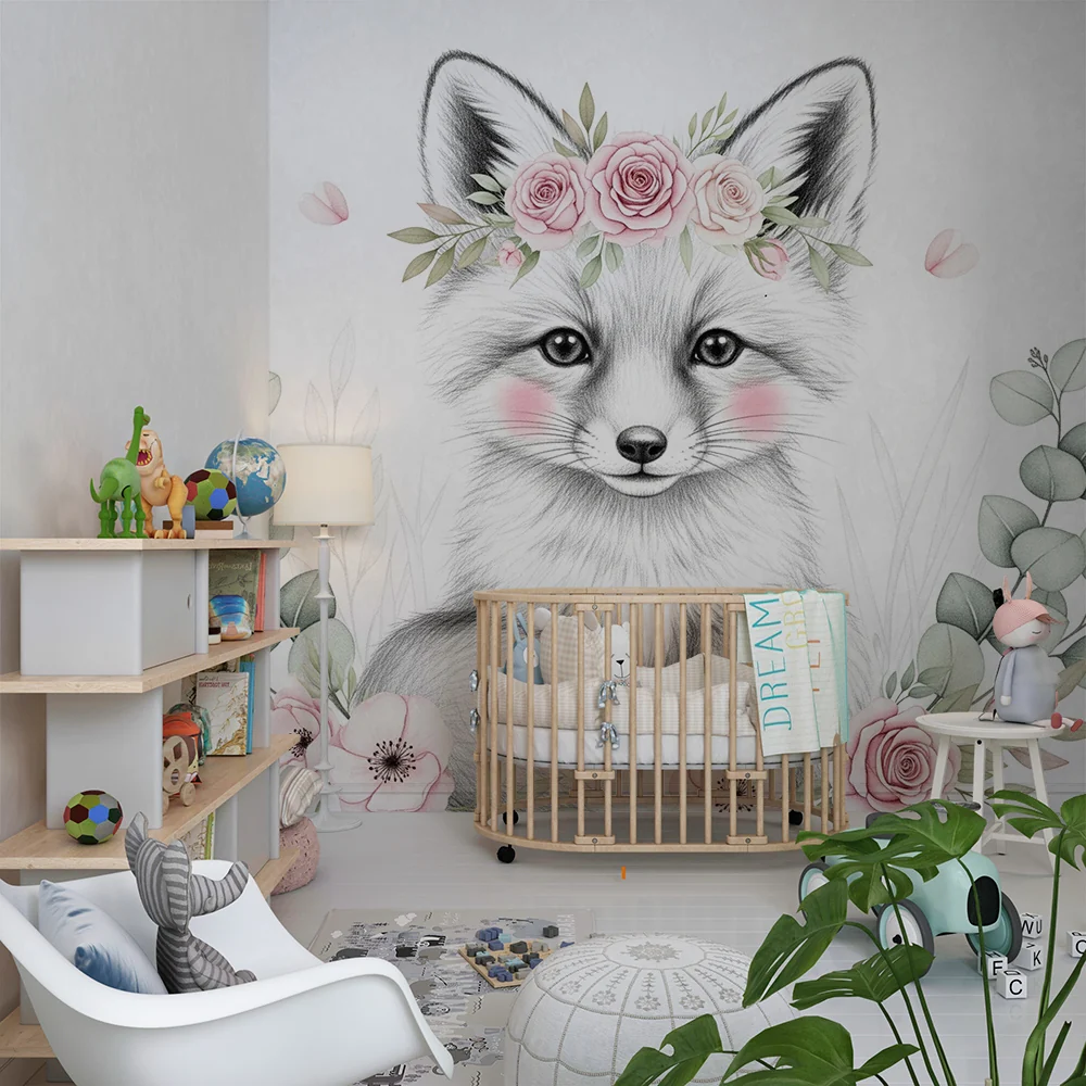 Nursery room wallpaper | Cute fox surrounded flowers