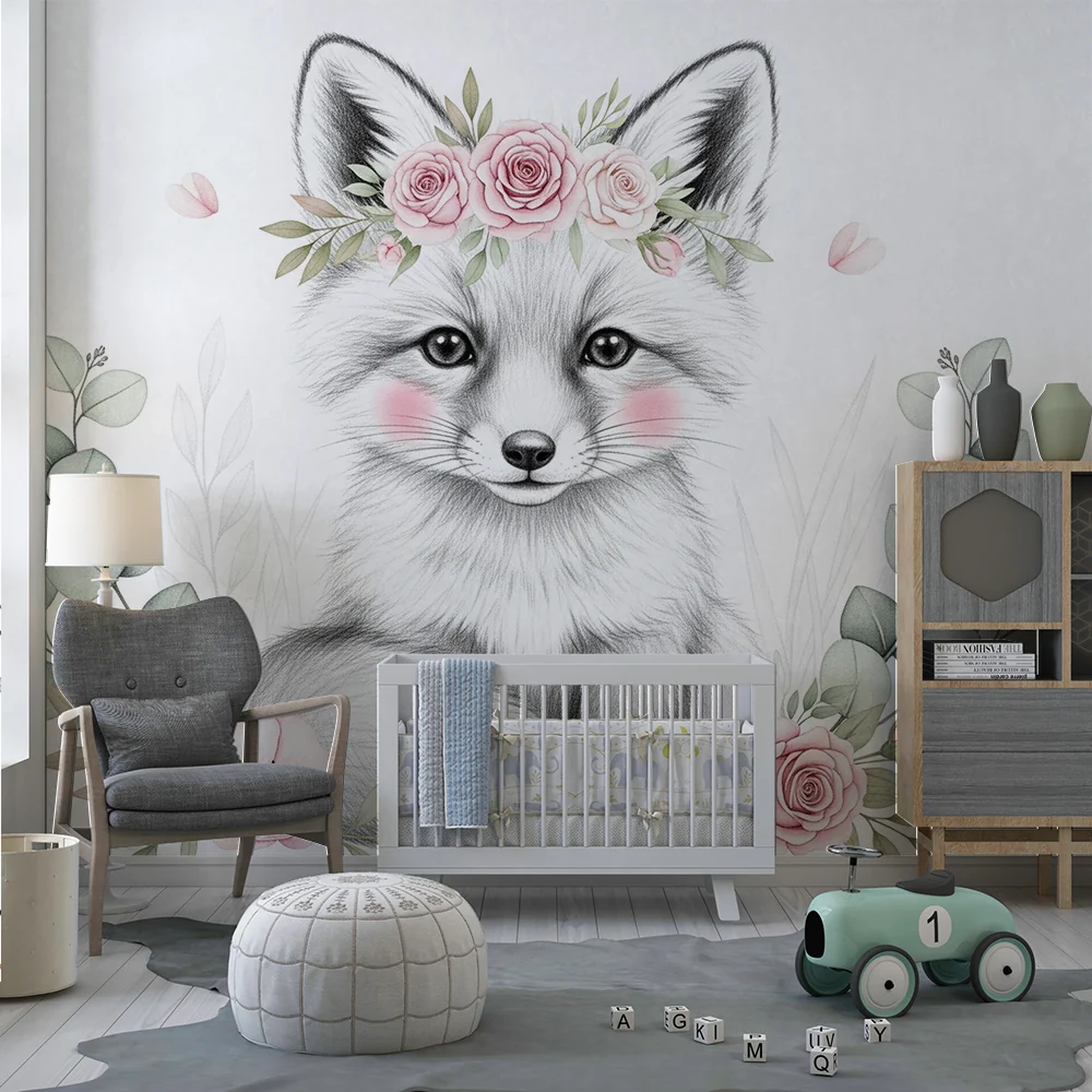 Nursery room wallpaper | Cute fox surrounded flowers